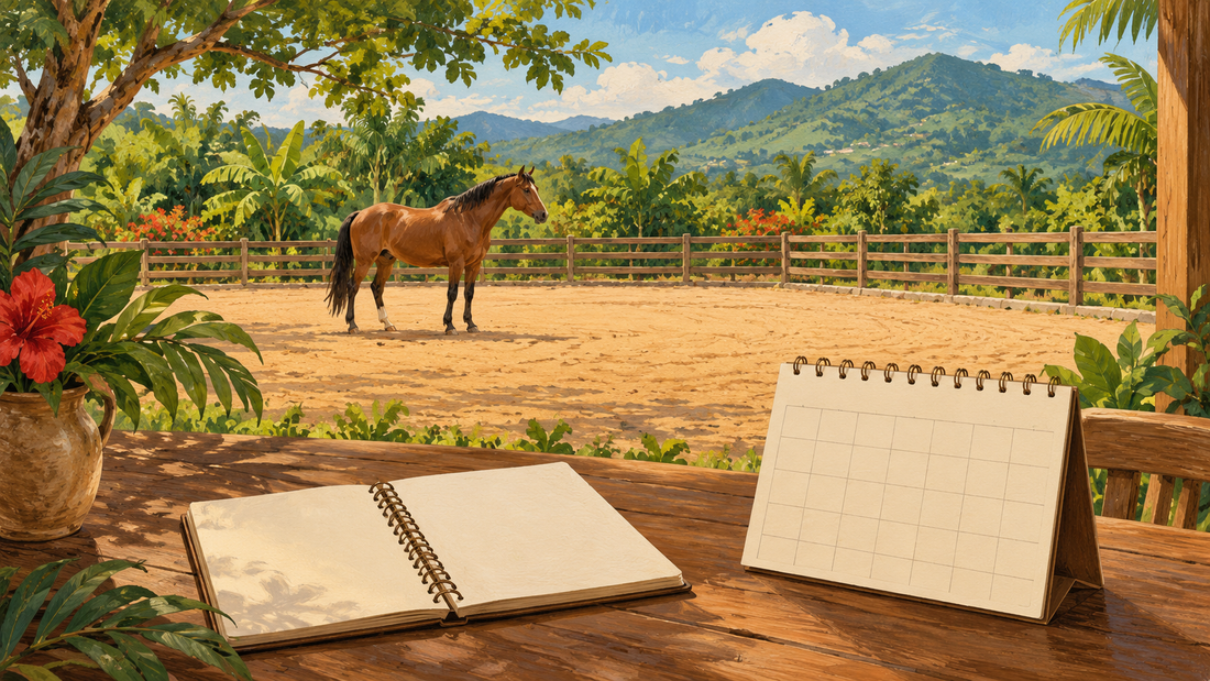 Ilustración de una libreta y un calendario frente a un picadero tropical con un caballo al fondo.