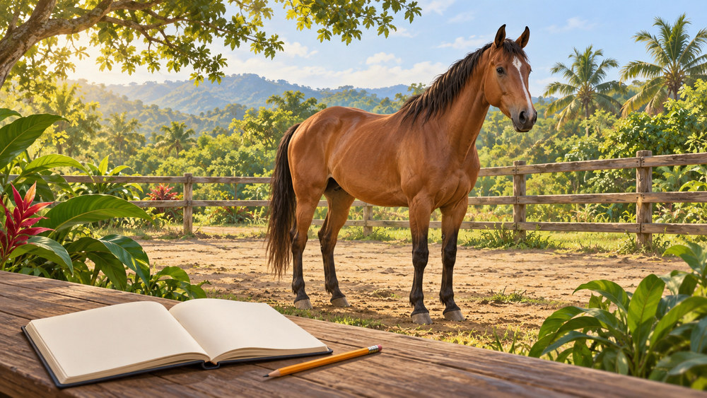 Ilustración de un caballo en un picadero rodeado de vegetación, con un cuaderno y un lápiz en primer plano.