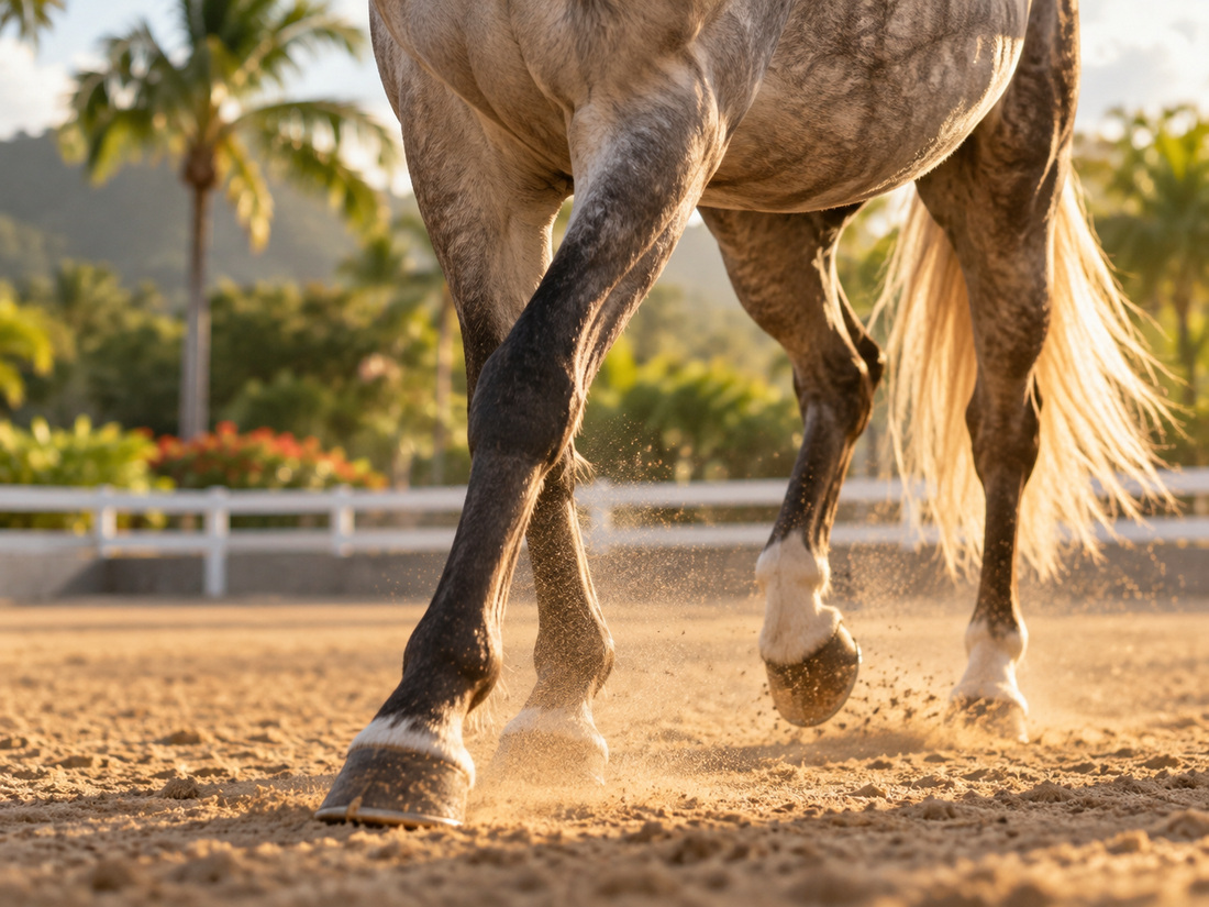 Detalle de un caballo en movimiento levantando arena en un picadero tropical.