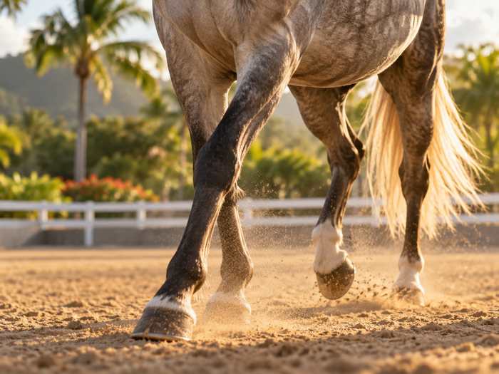 Detalle de un caballo en movimiento levantando arena en un picadero tropical.