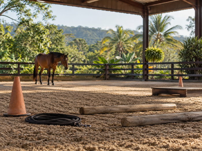 Picadero ecuestre tropical preparado como espacio de trabajo estructurado para equipos.
