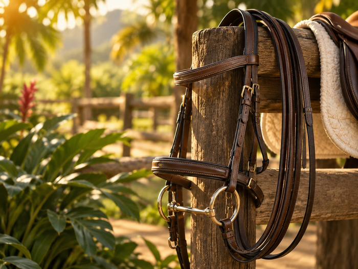 Brida y equipo ecuestre de cuero preparados en un entorno de rancho tropical.