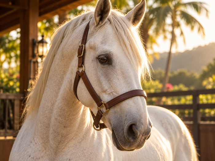 Primer plano editorial de un caballo blanco en un entorno ecuestre tropical.