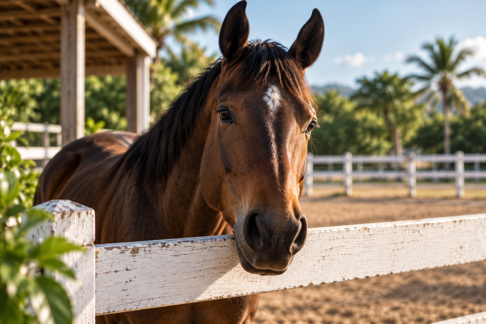 Caballo sereno asomado sobre una verja blanca en un entorno ecuestre tropical.