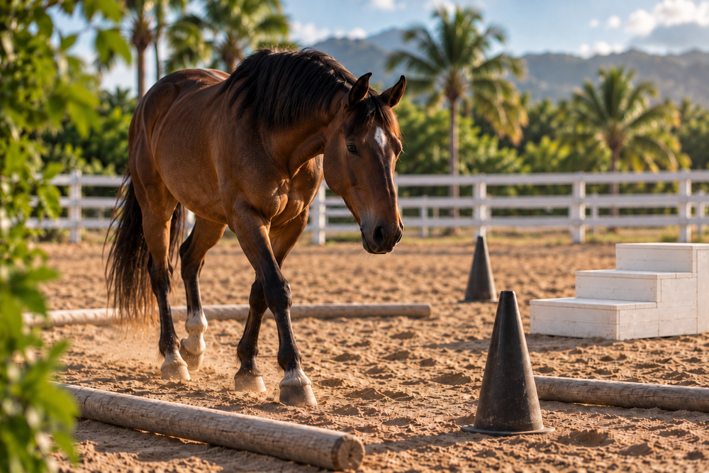 Caballo recorriendo una actividad estructurada en picadero con postes, conos y mounting block blanco.