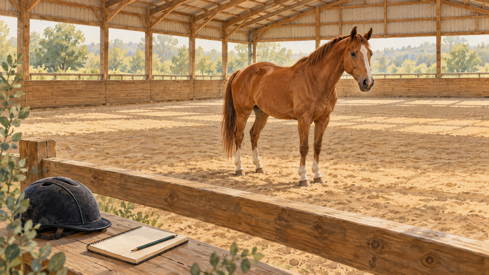 Ilustración de un caballo en un picadero cubierto junto a un casco y un cuaderno de observación.