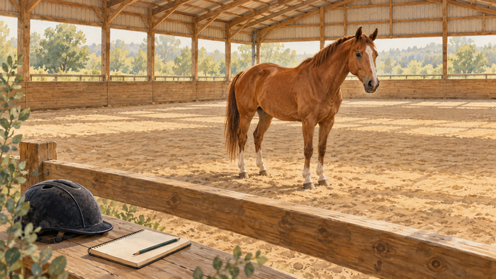 Ilustración de un caballo en un picadero cubierto junto a un casco y un cuaderno de observación.