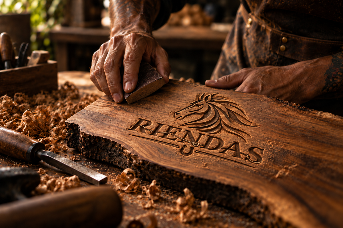 Manos trabajando una pieza de madera con el emblema de RIENDAS.
