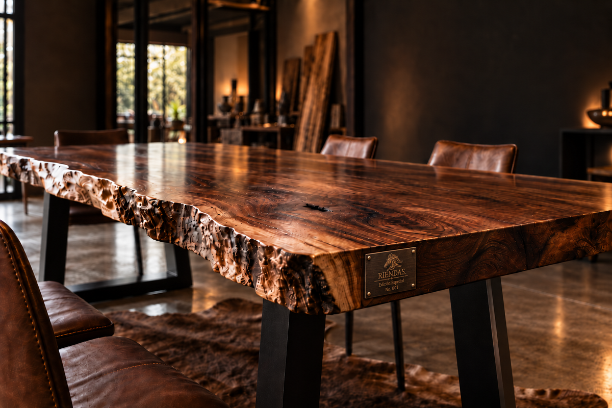 Mesa de madera con bordes orgánicos, patas de metal y placa de RIENDAS.