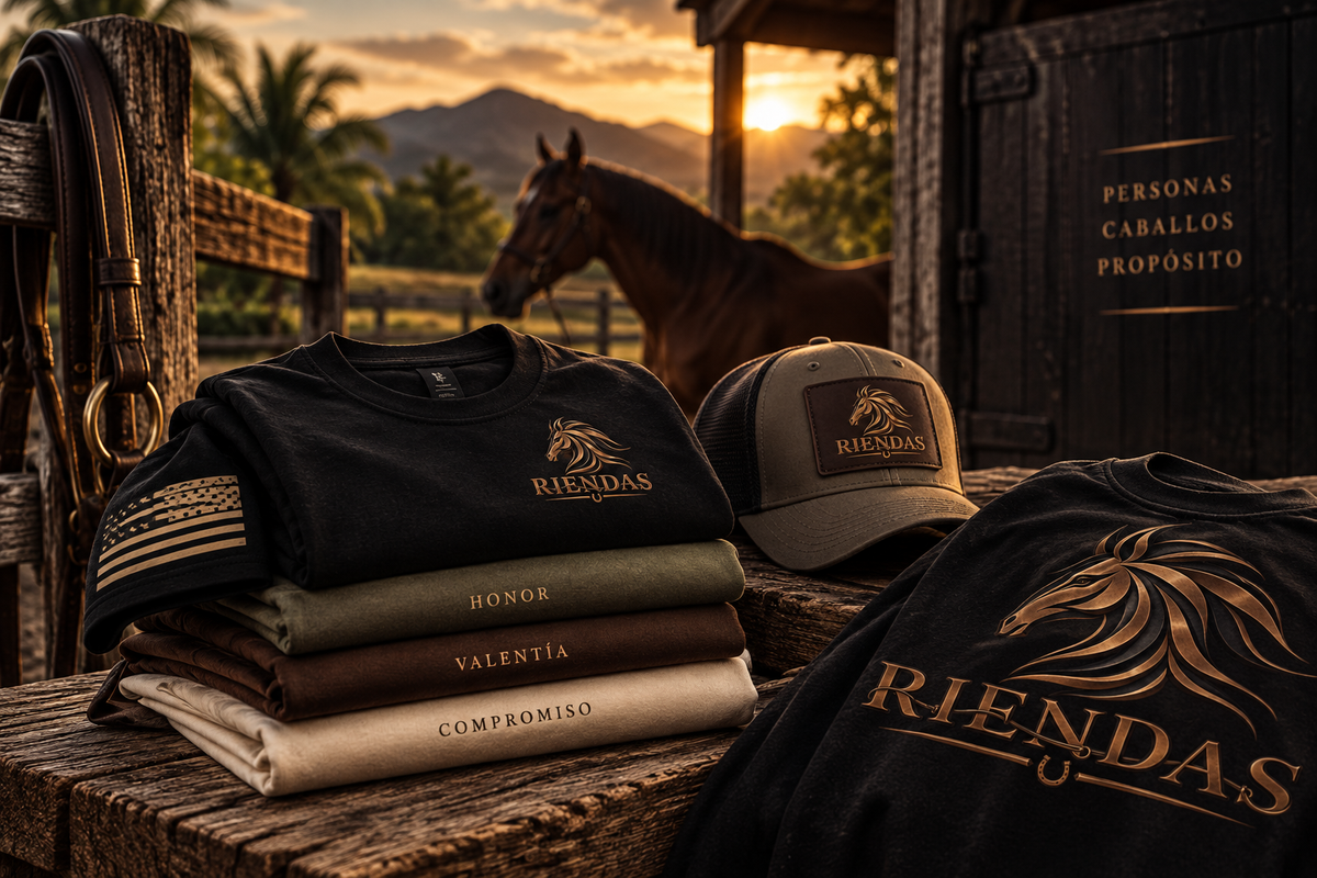 Ropa RIENDAS — colección de prendas y accesorios en un entorno ecuestre editorial
