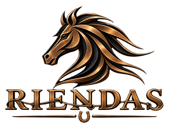 Logo oficial RIENDAS con cabeza de caballo, rienda y herradura en identidad visual bronce y negro.