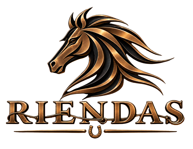 Logo oficial RIENDAS con cabeza de caballo, rienda y herradura en identidad visual bronce y negro.