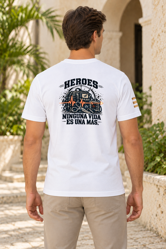 Mockup ilustrativo con modelo de IA: RIENDAS Héroes 003 | Hombre, color White, vista de espalda con estampado original.