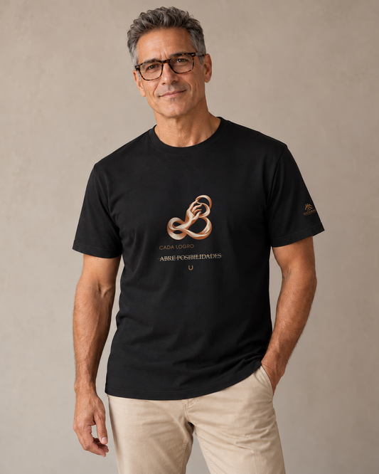 Persona generada con IA mostrando la camiseta negra RIENDAS Terapia Ocupacional para hombre. Representación ilustrativa del diseño Cada logro abre posibilidades.