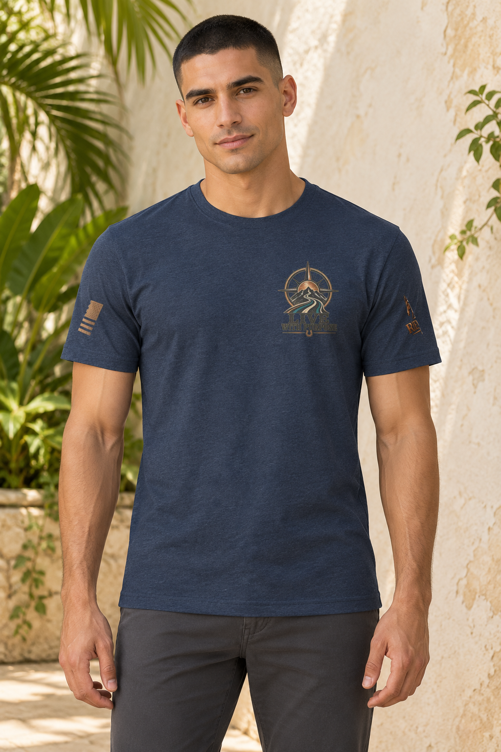 Camiseta Midnight Navy de hombre RIENDAS ED.001 — mockup original con modelo de IA, vista frontal