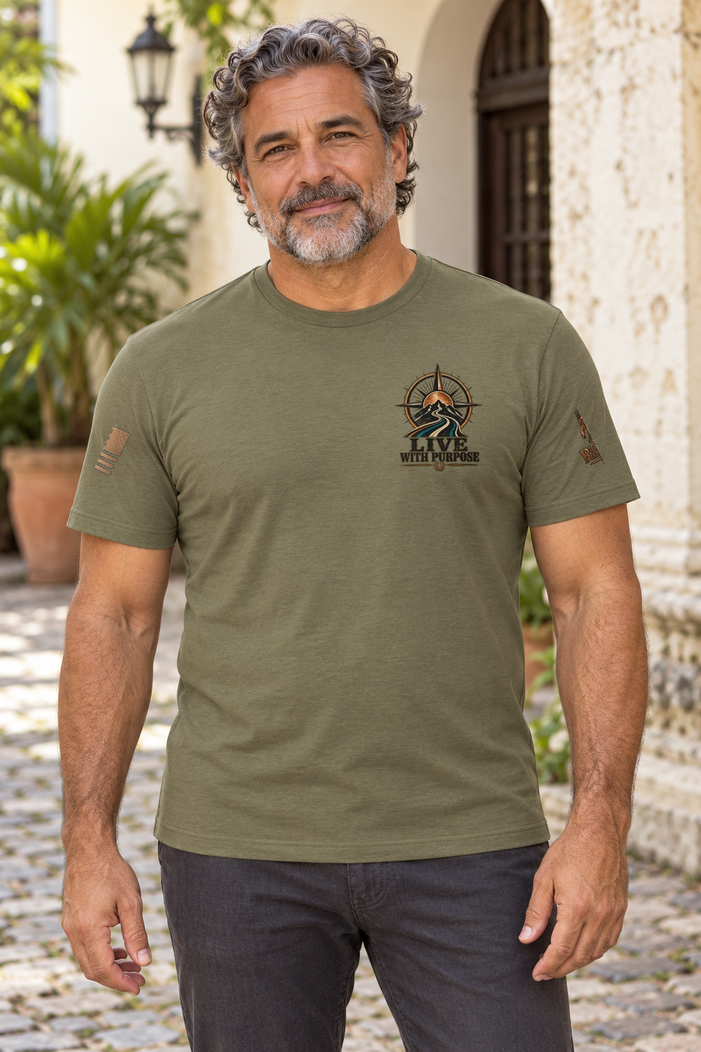 Camiseta Military Green de hombre RIENDAS ED.001 — mockup original con modelo de IA, vista frontal