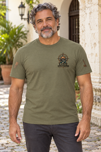 Camiseta Military Green de hombre RIENDAS ED.001 — mockup original con modelo de IA, vista frontal