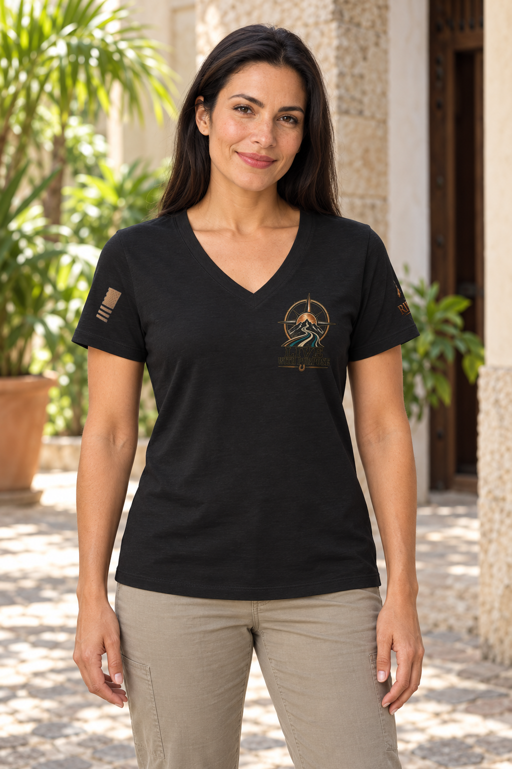 Camiseta Solid Black Blend de mujer RIENDAS ED.001 LIVE WITH PURPOSE — mockup original con modelo de IA, vista frontal