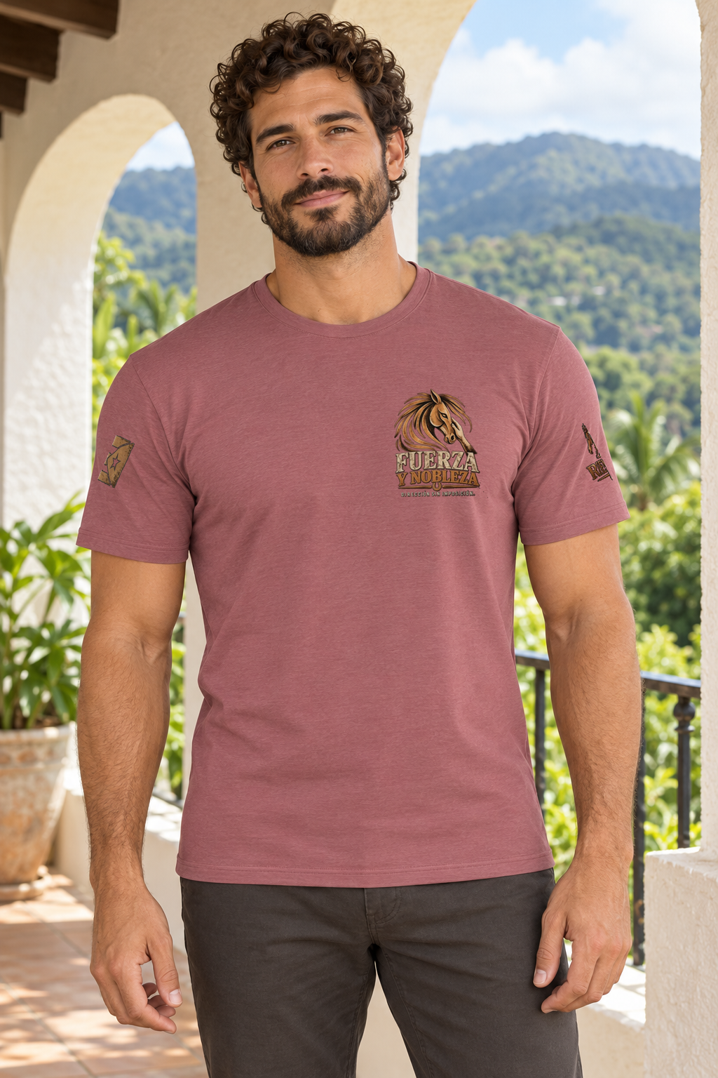Camiseta Heather Mauve de hombre RIENDAS ED.002 — mockup original con modelo de IA, vista frontal