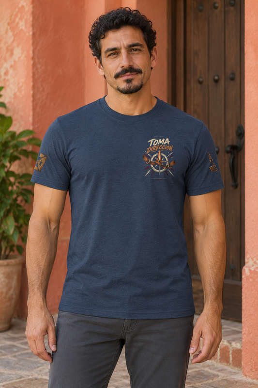 Camiseta Midnight Navy de hombre RIENDAS ED.003 — mockup original con modelo de IA, vista frontal