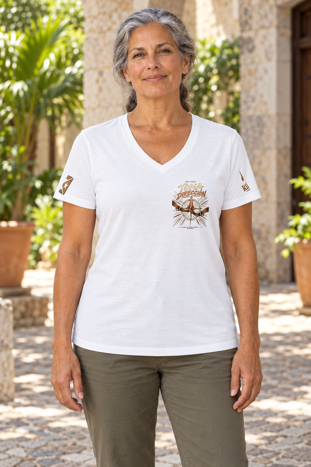 Camiseta Solid White Blend de mujer RIENDAS ED.003 — mockup original con modelo de IA, vista frontal