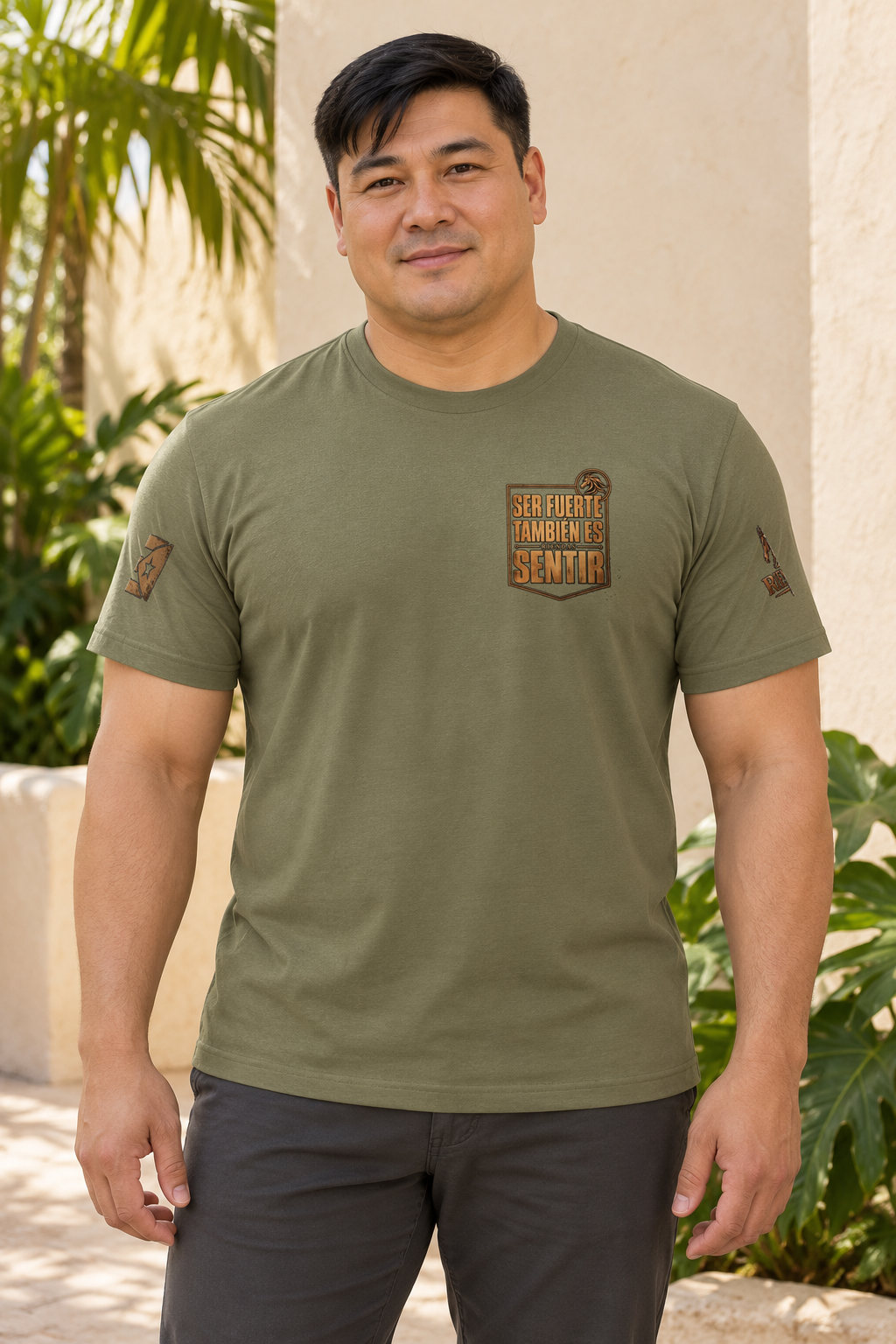 Camiseta Military Green de hombre RIENDAS ED.004 — mockup original con modelo de IA, vista frontal