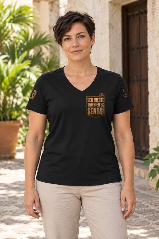 Camiseta Solid Black Blend de mujer RIENDAS ED.004 — mockup original con modelo de IA, vista frontal