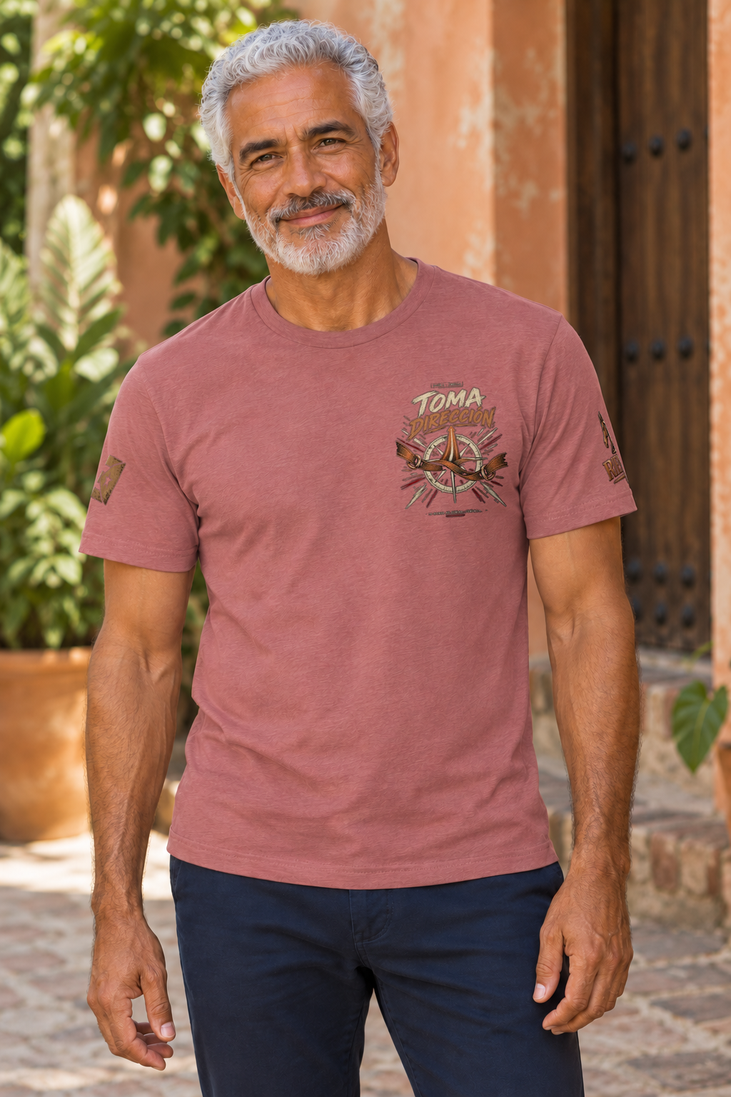 Camiseta Heather Mauve de hombre RIENDAS ED.005 TOMA DIRECCIÓN — mockup original con modelo de IA, vista frontal