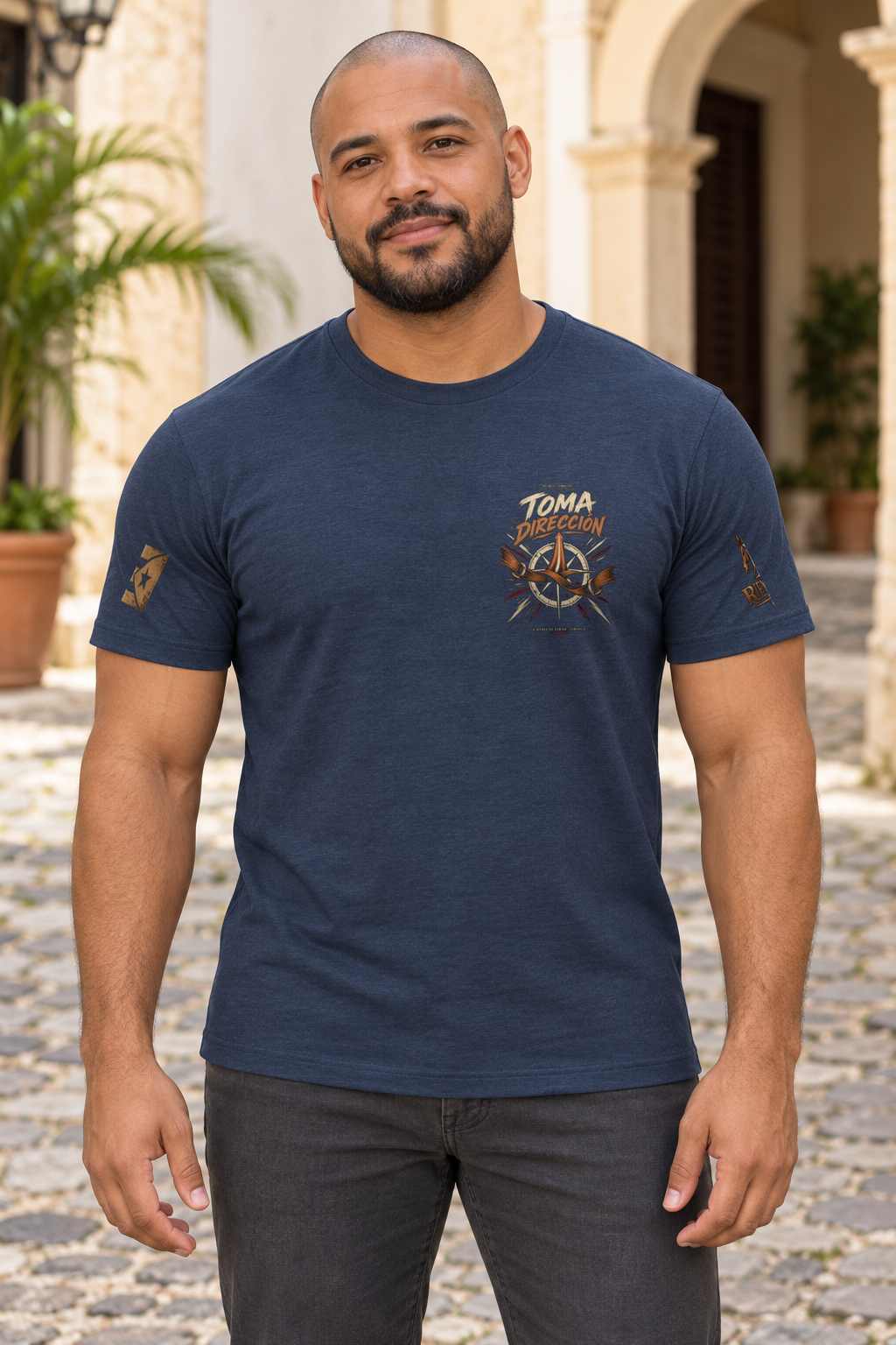 Camiseta Midnight Navy de hombre RIENDAS ED.005 — mockup original con modelo de IA, vista frontal