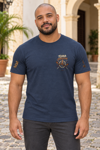 Camiseta Midnight Navy de hombre RIENDAS ED.005 — mockup original con modelo de IA, vista frontal
