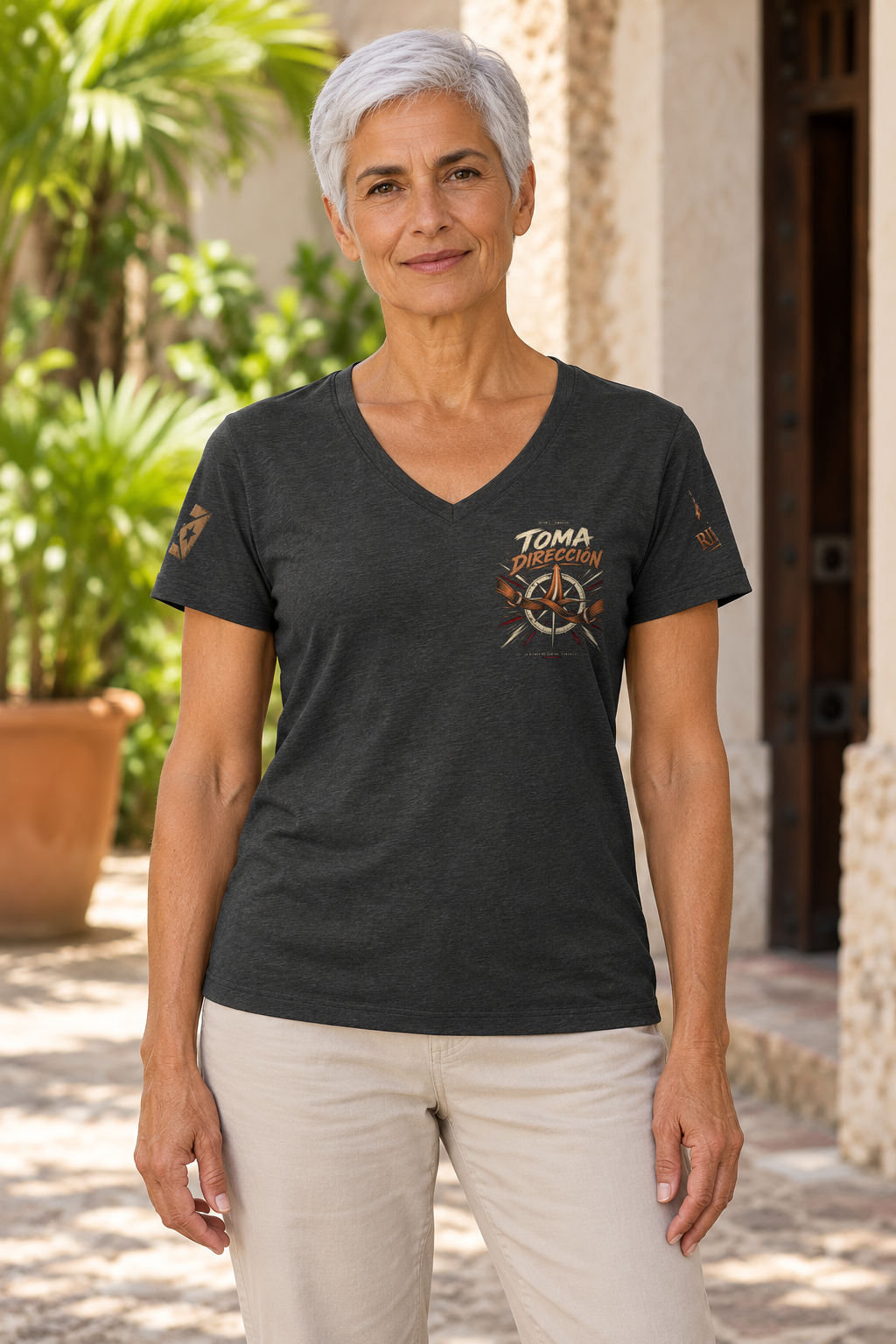 Camiseta Dark Grey Heather de mujer RIENDAS ED.005 — mockup original con modelo de IA, vista frontal