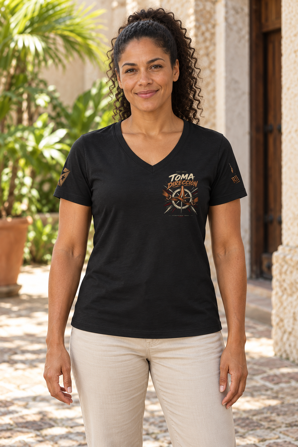 Camiseta Solid Black Blend de mujer RIENDAS ED.005 — mockup original con modelo de IA, vista frontal