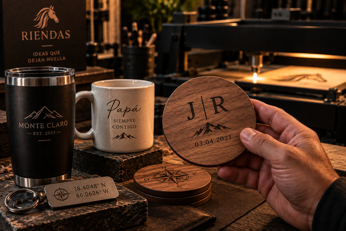 Grabados personalizados RIENDAS — piezas en madera, metal y drinkware con detalles personalizados en taller de grabado
