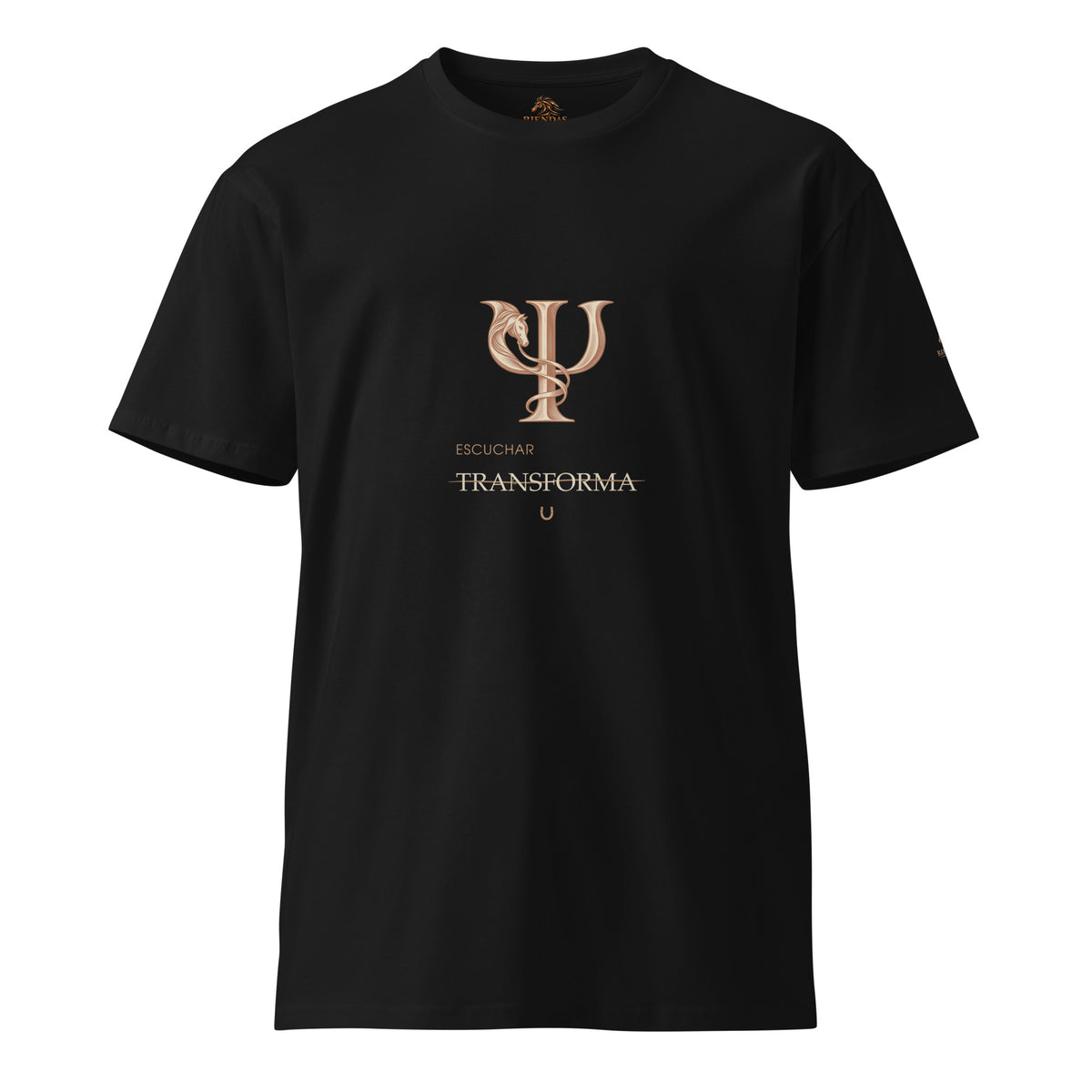 Vista frontal de la camiseta negra RIENDAS Psicología para hombre, con el diseño Escuchar transforma.