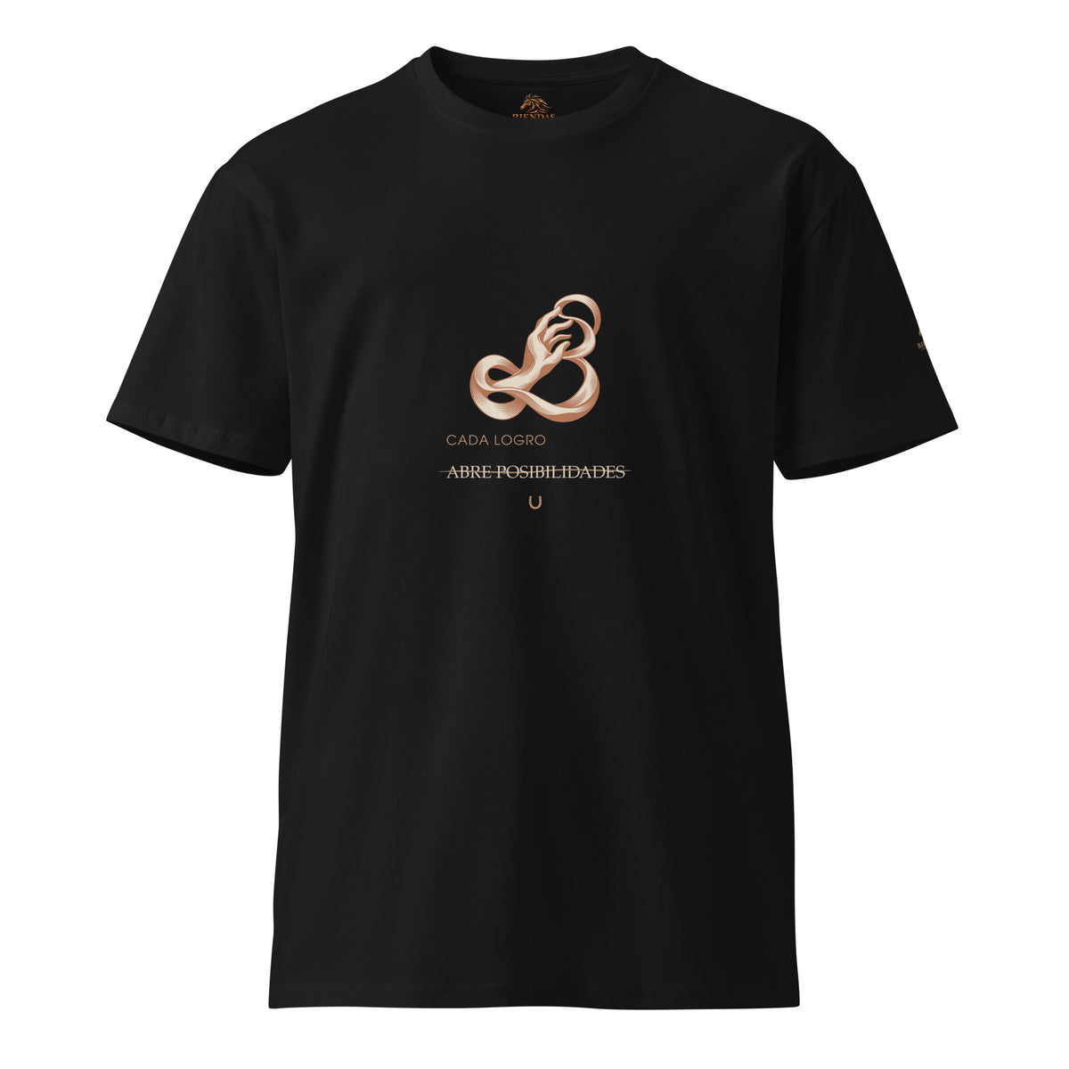 Camiseta RIENDAS negra de hombre. Vista frontal con el diseño «Cada logro abre posibilidades».