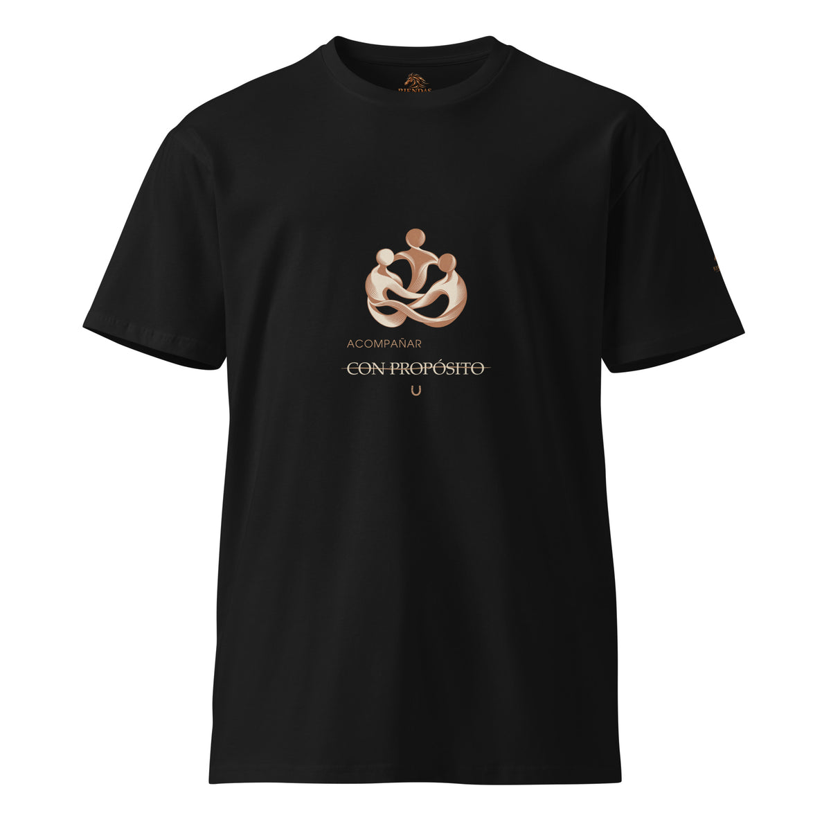 Camiseta RIENDAS negra de hombre. Vista frontal con el diseño «Acompañar con propósito».