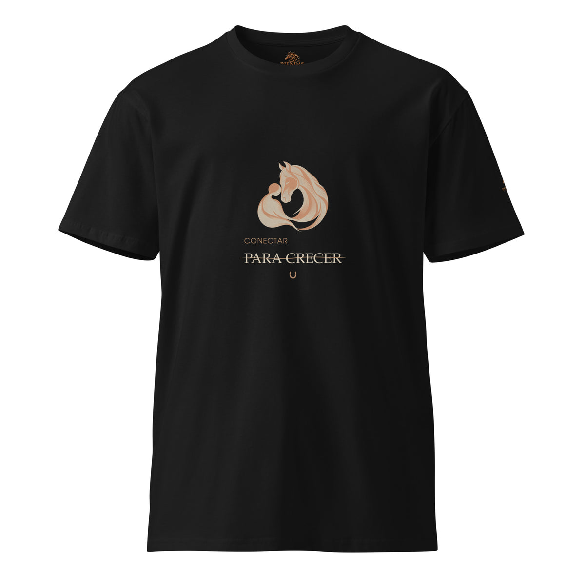 Camiseta RIENDAS negra de hombre. Vista frontal con el diseño «Conectar para crecer».
