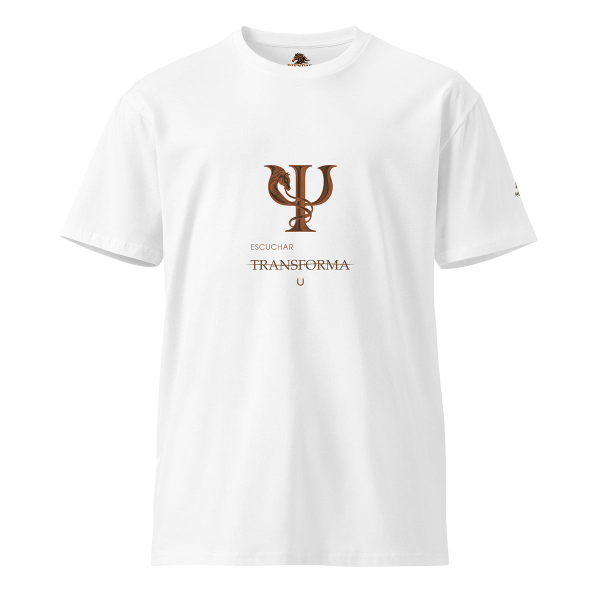 Vista frontal de la camiseta blanca RIENDAS Psicología para hombre, con el diseño Escuchar transforma.