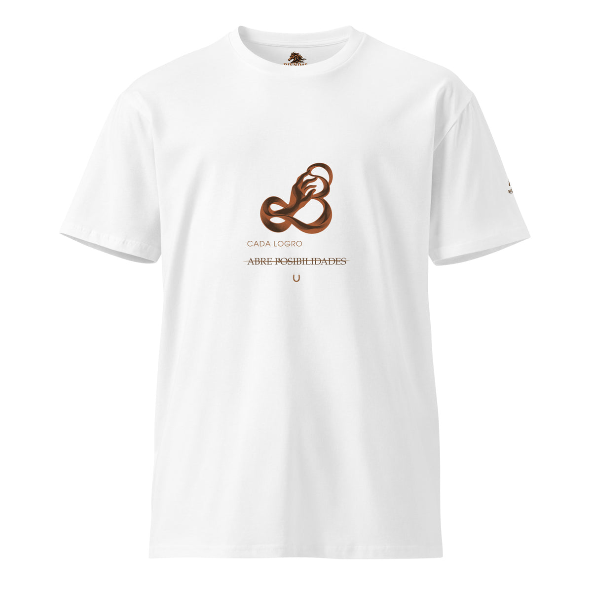 Camiseta RIENDAS blanca de hombre. Vista frontal con el diseño «Cada logro abre posibilidades».