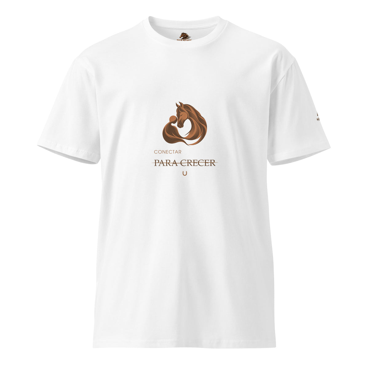 Camiseta RIENDAS blanca de hombre. Vista frontal con el diseño «Conectar para crecer».