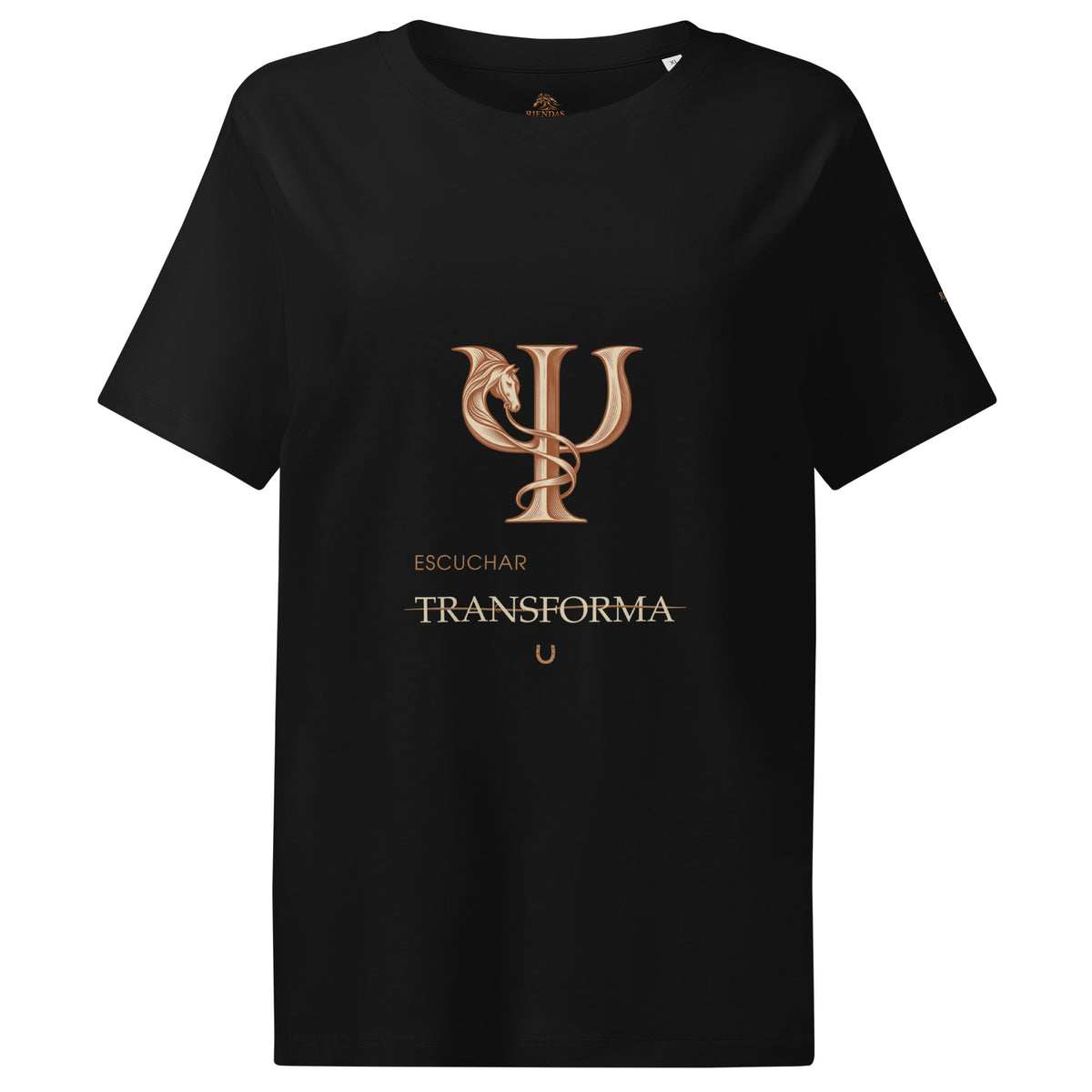 Camiseta RIENDAS negra de mujer. Vista frontal con el diseño «Escuchar transforma».