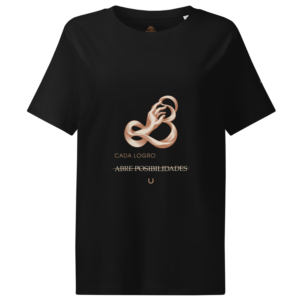 Camiseta RIENDAS negra de mujer. Vista frontal con el diseño «Cada logro abre posibilidades».