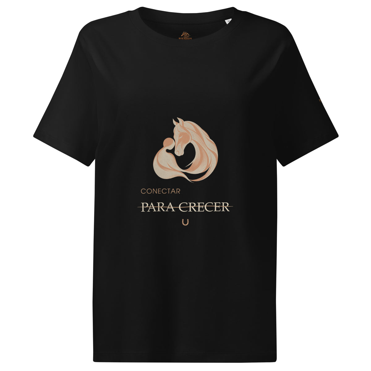 Camiseta RIENDAS negra de mujer. Vista frontal con el diseño «Conectar para crecer».