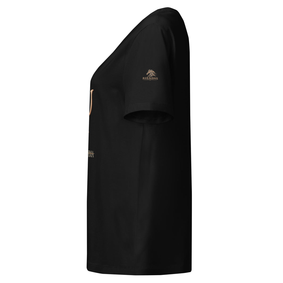 Camiseta RIENDAS negra de mujer. Vista izquierda con el logo de RIENDAS en la manga.