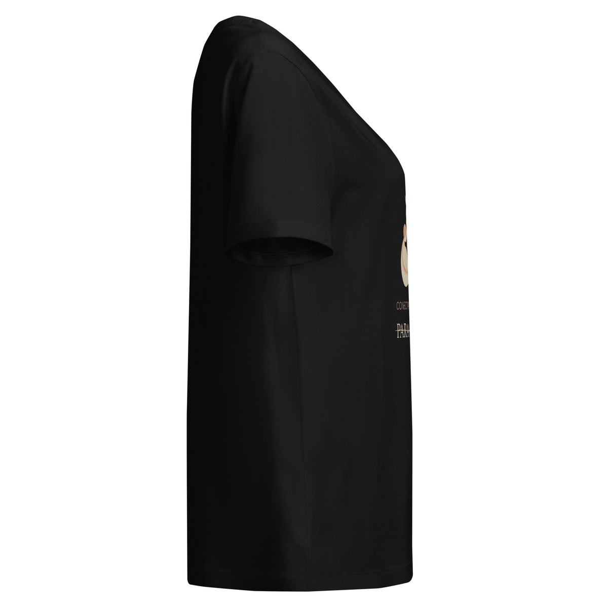 Camiseta RIENDAS negra de mujer. Vista derecha sin estampado en la manga.