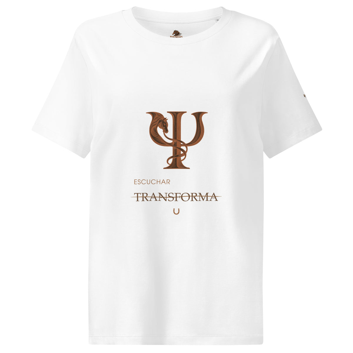 Camiseta RIENDAS blanca de mujer. Vista frontal con el diseño «Escuchar transforma».