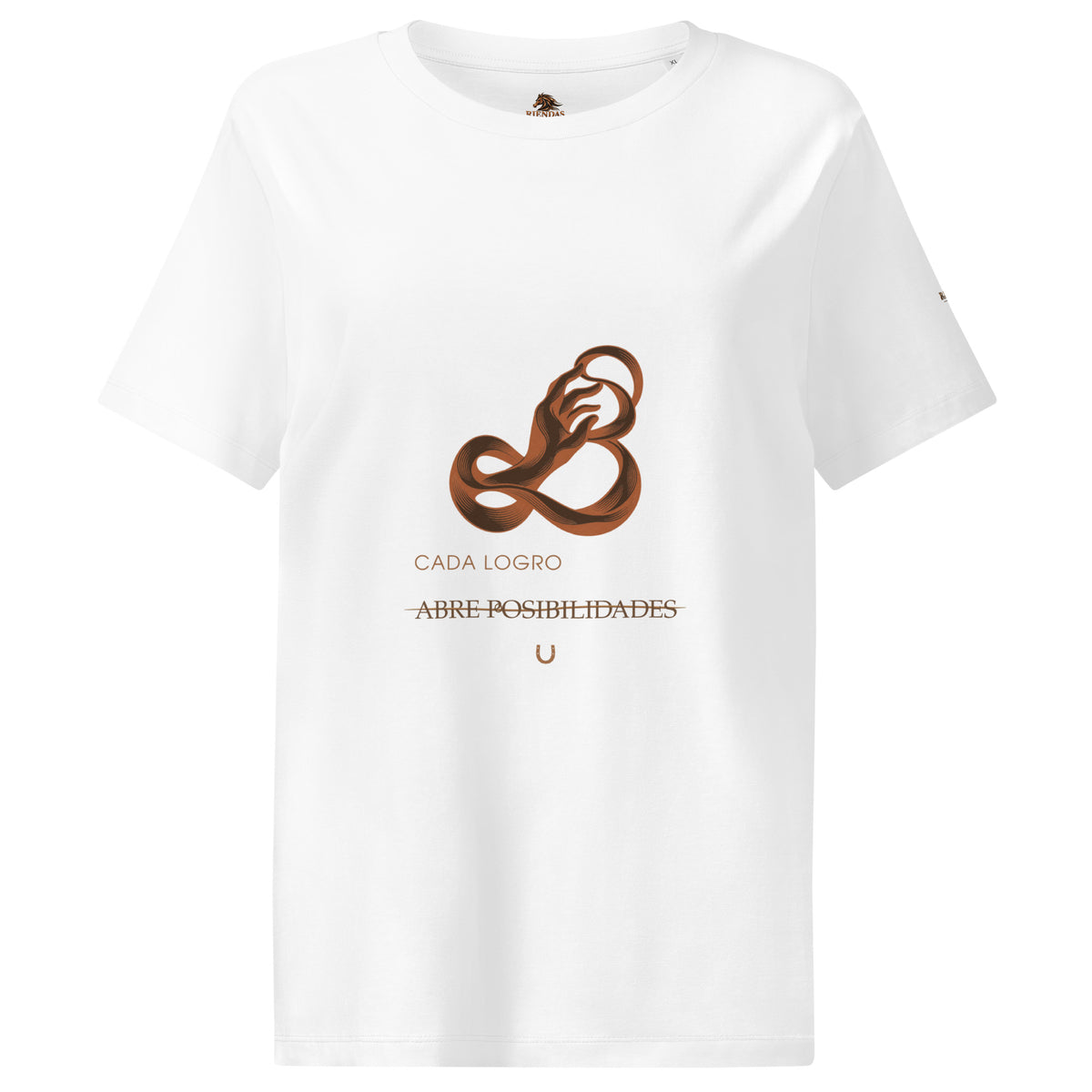 Camiseta RIENDAS blanca de mujer. Vista frontal con el diseño «Cada logro abre posibilidades».