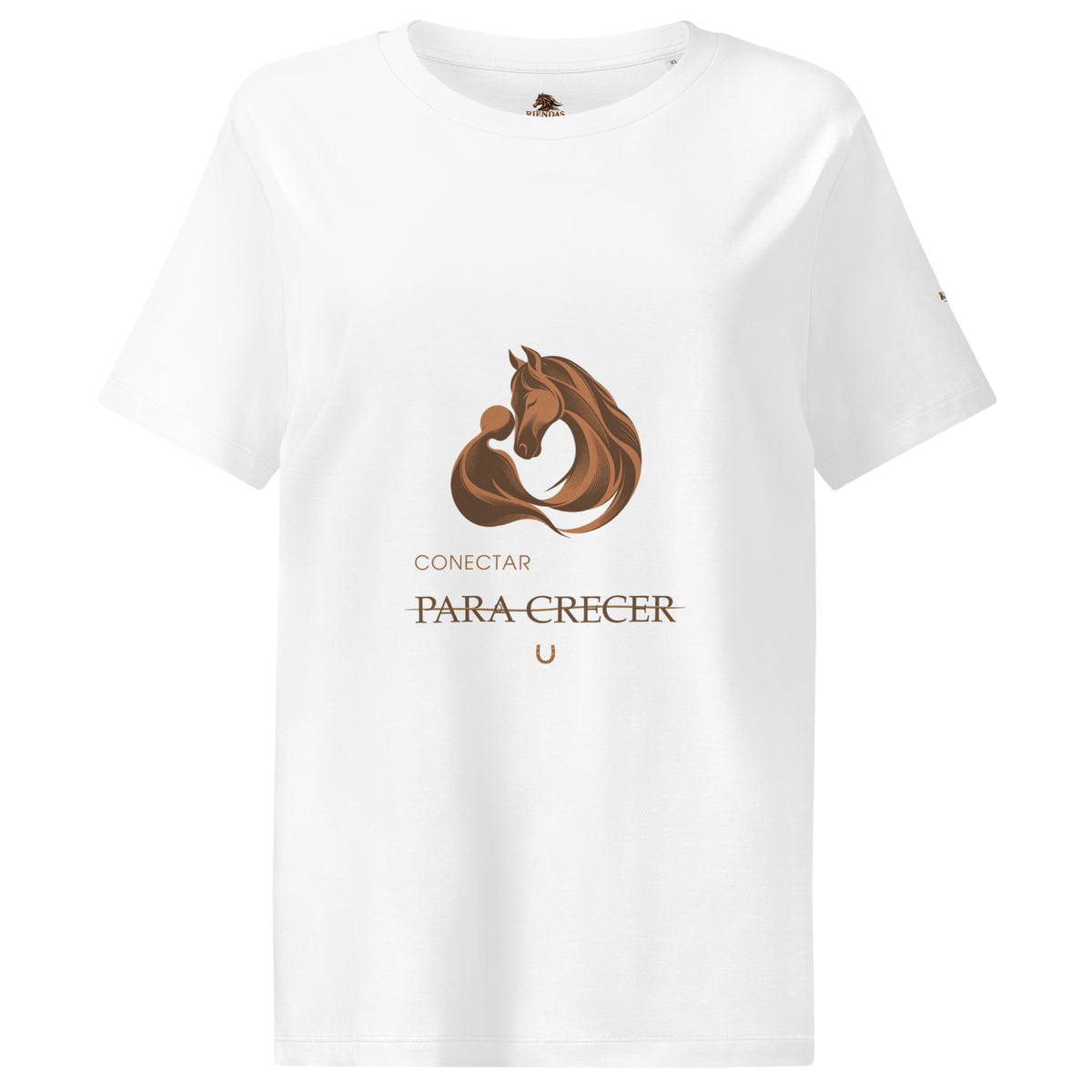 Camiseta RIENDAS blanca de mujer. Vista frontal con el diseño «Conectar para crecer».