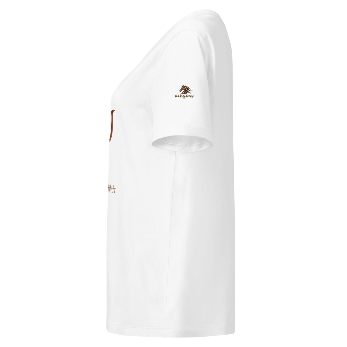 Camiseta RIENDAS blanca de mujer. Vista izquierda con el logo de RIENDAS en la manga.