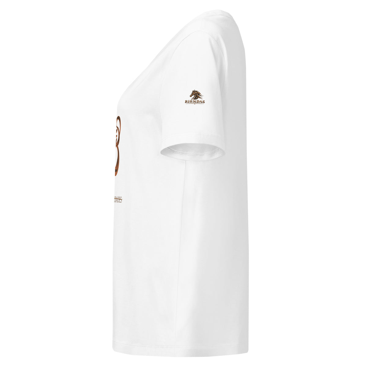 Camiseta RIENDAS blanca de mujer. Vista izquierda con el logo de RIENDAS en la manga.
